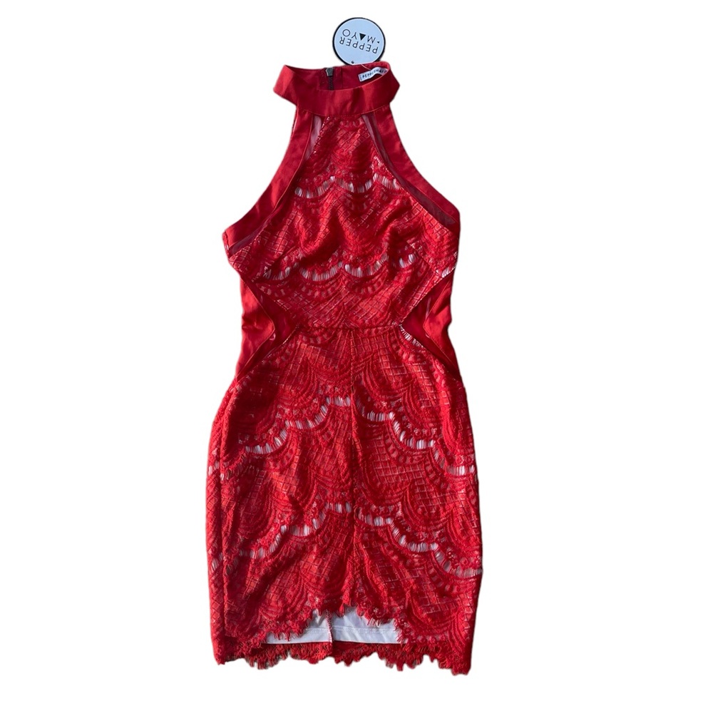 Peppermayo Red White Halter Round Neck Lace Dress Women's Size 8. F